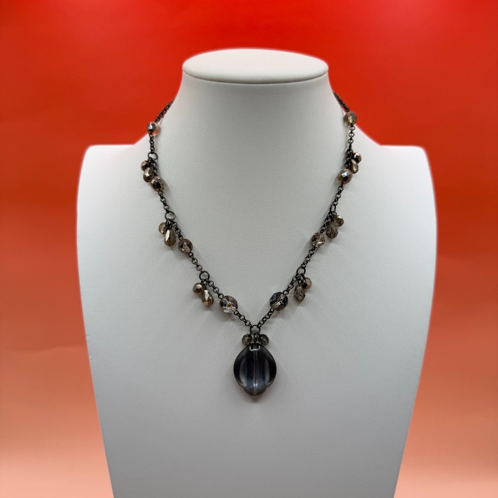 Smoky Gray Faceted Bead Pendant Necklace Gunmetal Chain Vintage Gothic Boho